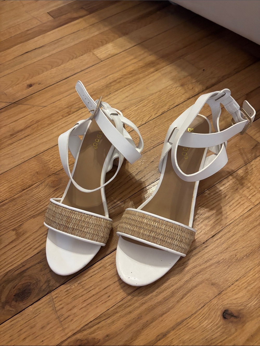 BAMBOO White Strappy Wedge Sandals with Natural Raffia Band